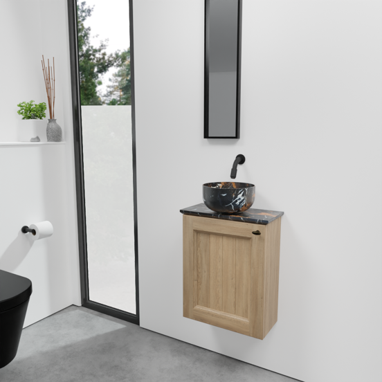 Balmani Lemon zwevend toiletmeubel 42 x 21 cm verweerd eiken met Facetta wastafelblad en Bowl waskom in Portoro Gold marmer