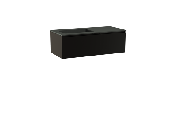 Storke Edge zwevend badmeubel 110 x 52 cm mat zwart met Scuro asymmetrisch linkse wastafel in kwarts mat zwart