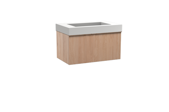 Balmani Forma zwevend badkamermeubel 90 x 55 cm natuur eik met Modus enkele wastafel in solid surface mat wit, Verticale symmetrische rechte ribbel