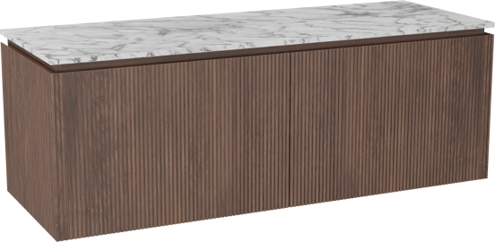 Balmani Eclips zwevend badkamermeubel 150 x 55 cm Amerikaanse notelaar met Stretto enkel of dubbel tablet in Carrara marmer, Verticale symmetrische rechte ribbel