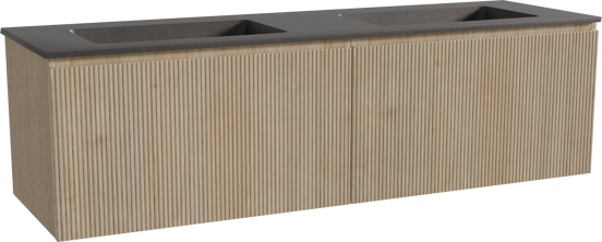 Storke Ribs hängendes Möbelstück Set: 170 x 52 cm, Rohe Eiche, mit Scuro Doppelwaschtisch, Quarz, Schwarz matt, Vertikale symmetrische gerade Rippe