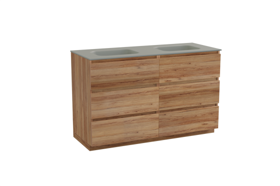 Balmani Lucida freistehendes Möbelstück Set: 135 x 55 cm, Teak, mit Tablo Arcato Doppelwaschtisch, Solid Surface Steingrau