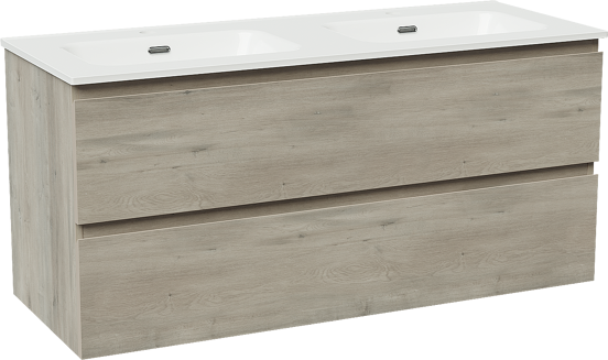 Linie Lado zwevend badmeubel 120 x 46 cm grijs eiken met Baro dubbele wastafel in porselein hoogglans wit