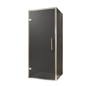 Balmani Senses Design douchehoek met linkse draaideur en vaste zijwand, 90 x 80 cm, Rookglas, Brushed CoolMetal profielen