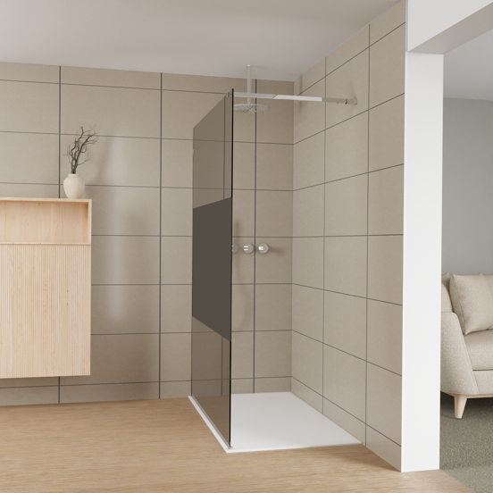 Balmani Modular inloopdouche: 140 x 200 cm, Rookglas met matte strook met coating, Hoogglans chroom profielen