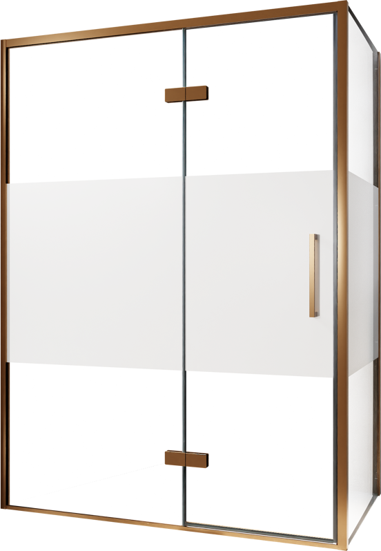 Balmani Senses Design douche en coin avec porte pivotante à gauche et paroi latérale fixe, 140 x 100 cm, Verre transparent avec bande matte, Profil Brushed Rosegold, coating inclus