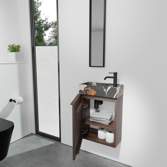 Balmani Forma zwevend toiletmeubel 42 x 21 cm amerikaans notenhout met Dama wastafel in Portoro Gold marmer