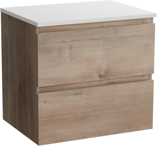 Linie Lado hängendes Möbelstück Set: 60 x 46 cm, Graue Eiche, mit Lado Einzel Waschtischplatte, Marmorkomposit Weiß glänzend