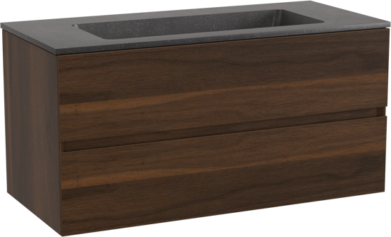 Storke Edge zwevend badkamermeubel 100 x 46 cm notelaar met Scuro enkele wastafel in kwarts mat zwart