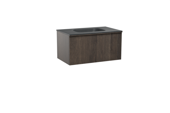 Balmani Forma meuble salle de bains suspendu 90 x 55 cm chêne fumé avec Tablo Arcato plan simple en granit noir, Nervure droite symétrique verticale