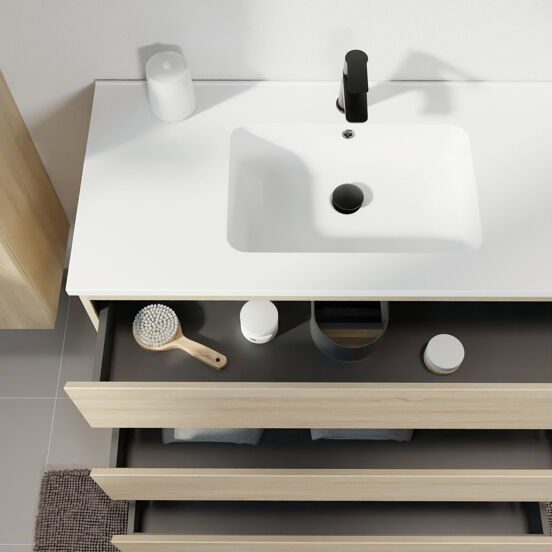 Linie Lado staand badmeubel 80 x 46 cm wit eiken met Vano enkele wastafel in composietmarmer mat wit