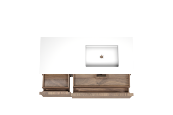 Balmani Forma zwevend badkamermeubel 135 x 55 cm amerikaanse notelaar met Tablo Stretto asymmetrisch rechtse wastafel in solid surface mat wit, Horizontale symmetrische rechte ribbel