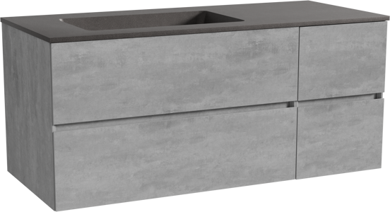 Storke Edge zwevend badmeubel 120 x 52 cm beton donkergrijs met Scuro asymmetrisch linkse wastafel in kwarts mat zwart