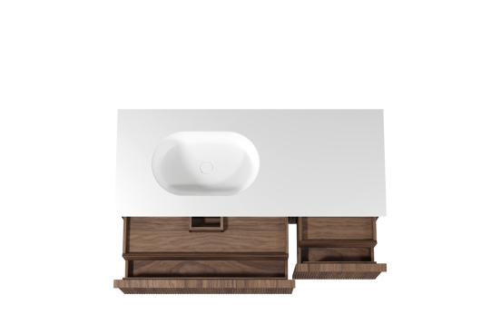 Balmani Forma meuble salle de bains suspendu 135 x 55 cm noyer américain avec Tablo Oval vasque asymétrique gauche en solid surface blanc mat, Nervure droite symétrique verticale