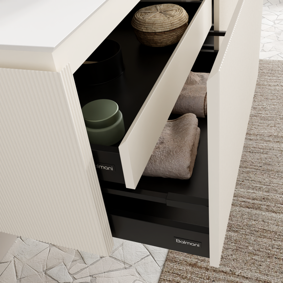 Balmani Eclips meuble salle de bains suspendu 120 x 55 cm Sandbeige avec Eclips tablette simple ou double en Solid Surface blanc mat, Nervure droite symétrique verticale
