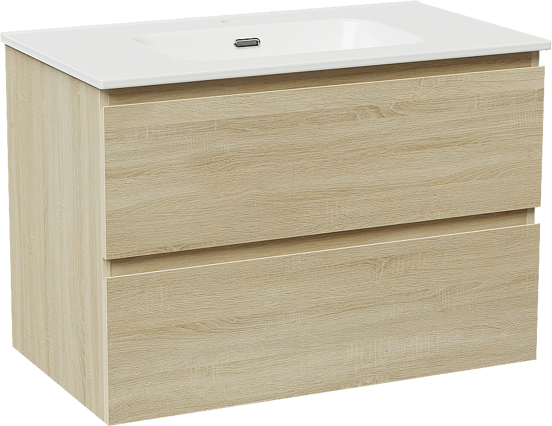 Linie Lado zwevend badmeubel 80 x 46 cm wit eiken met Baro enkele wastafel in porselein hoogglans wit