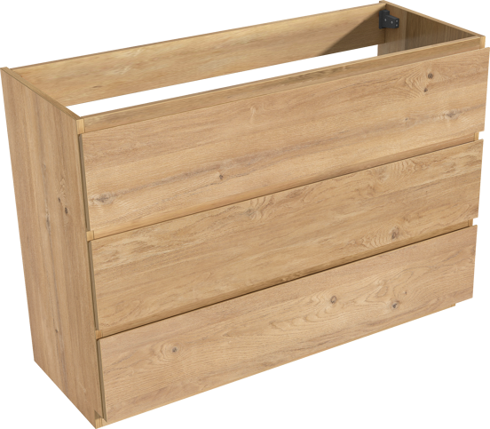 Storke Delta meuble sous-lavabo a poser 120 x 48 cm chêne naturel 3 tiroirs 2 découpés de siphon