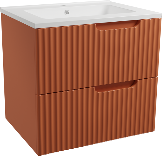 Linie Ribbo meuble salle de bains suspendu 60 x 46 cm cotto avec Vano plan simple en marbre composite blanc brillant, Nervure circulaire symétrique verticale