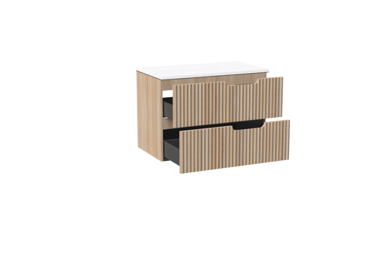 Linie Ribbo meuble salle de bains suspendu 80 x 46 cm chêne clair avec Lado tablette simple en marbre composite blanc brillant, Nervure circulaire symétrique verticale