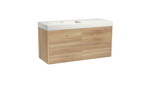 Storke Seda meuble salle de bains suspendu 130 x 52 cm chêne brut avec Mata High vasque asymétrique gauche en solid surface blanc mat