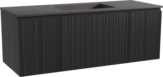 Storke Ribs hängendes Möbelstück Set: 135 x 52 cm, Schwarze Eiche, mit Scuro Einzelwaschtisch, Quarz, Schwarz matt, Vertikale asymmetrische gerade Rippe