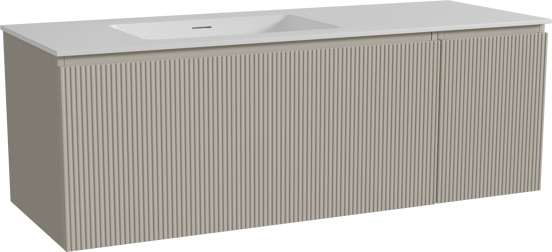 Storke Ribs meuble salle de bains suspendu 140 x 52 cm soie grise avec Mata plan vasque asymétrique à gauche en solid surface blanc mat, Nervure droite symétrique verticale