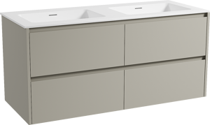 Storke Seda zwevend badkamermeubel 130 x 52 cm zijdegrijs met Mata dubbele wastafel in solid surface mat wit