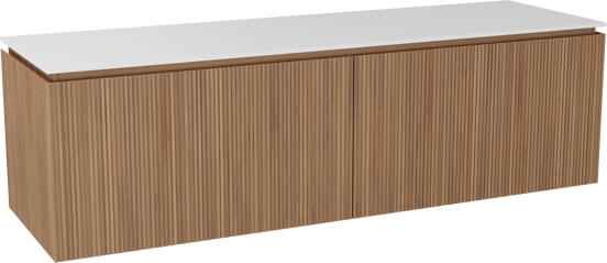 Balmani Eclips meuble salle de bains suspendu 180 x 55 cm Teck avec Stretto tablette simple ou double en Solid Surface blanc mat, Nervure droite symétrique verticale