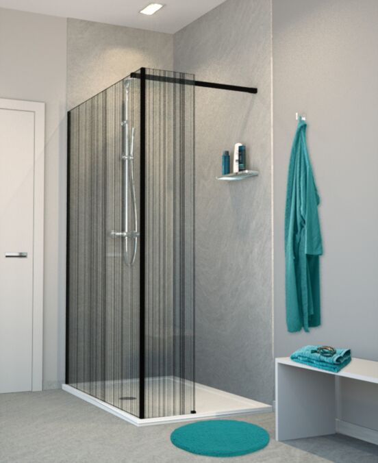Balmani BMSS Walk-In-Dusche mit fester Seitenwand 140 x 200 cm, Strichcode schwarz Glas , Profil schwarz matt