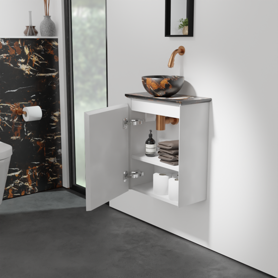 Balmani Mitra meuble wc suspendu 42 x 21 cm blanc mat avec Facetta tablette et Bari XS vaque à poser en marbre Portoro Gold