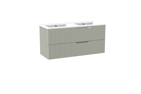 Linie Ribbo meuble salle de bains suspendu 120 x 46 cm greige avec Vano double vasque en marbre composite blanc mat, Nervure circulaire symétrique verticale