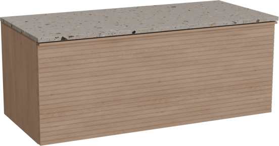 Balmani Forma hängendes Möbelstück Set: 120 x 55 cm, Naturbelassene Eiche, mit Stretto Einzel- oder Doppel Waschtischplatte, Terrazzo in Greige, Horizontale symmetrische gerade Rippe