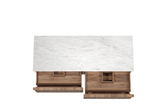 Balmani Forma zwevend badkamermeubel 150 x 55 cm amerikaanse notelaar met Stretto enkel of dubbel tablet in marmer carrara, Verticale asymmetrische ronde ribbel