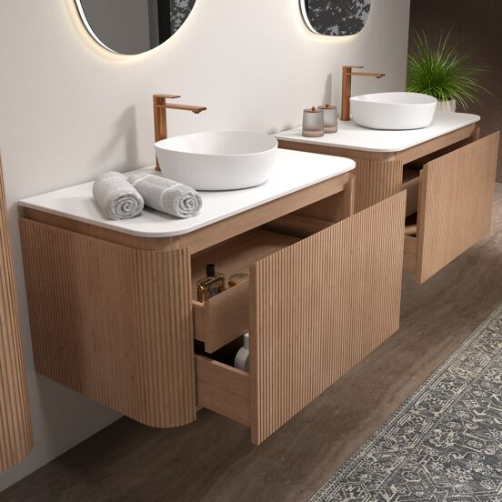 Balmani Moon meuble salle de bains suspendu 100 x 55 cm chêne naturel avec Moon tablette simple en solid surface blanc mat, Nervure droite symétrique verticale