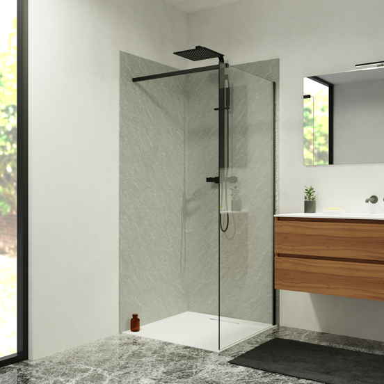 Balmani Zeno set douchewandbekleding 90 x 90 x 220 cm composietmarmer lichtgrijs leisteenstructuur