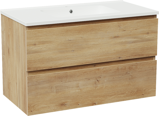 Linie Lado zwevend badkamermeubel 90 x 46 cm natuur eik met Vano enkele wastafel in composietmarmer mat wit