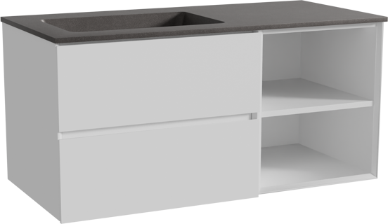 Storke Edge zwevend badmeubel 110 x 52 cm mat wit met Scuro asymmetrisch linkse wastafel in kwarts mat zwart