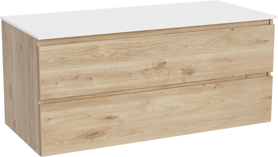 Balmani Lucida zwevend badkamermeubel 120 x 55 cm ruwe eik met Stretto enkel of dubbel tablet in solid surface mat wit