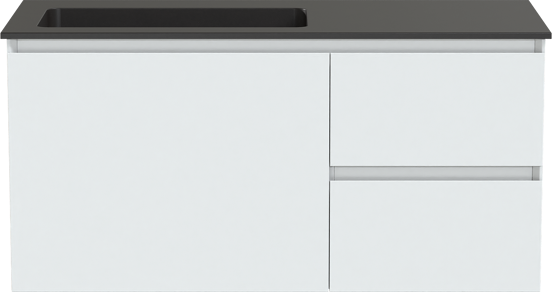 Storke Edge meuble salle de bains suspendu 100 x 46 cm blanc mat avec Scuro vasque asymétrique gauche en quartz noir mat