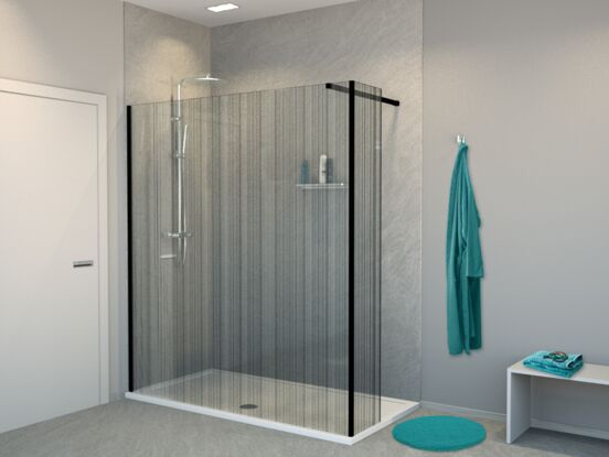 Balmani Modular douche à l'italienne avec paroi latérale fixe 180 x 200 cm verre code barre noir profil noir mat