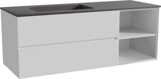 Storke Edge zwevend badmeubel 140 x 52 cm mat wit met Scuro asymmetrisch linkse wastafel in kwarts mat zwart
