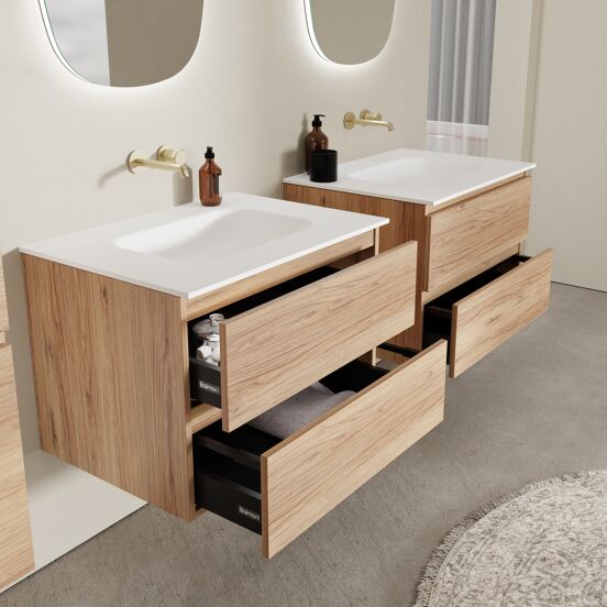 Balmani Lucida meuble salle de bains suspendu 75 x 55 cm teck avec Tablo Arcato plan simple en solid surface blanc mat