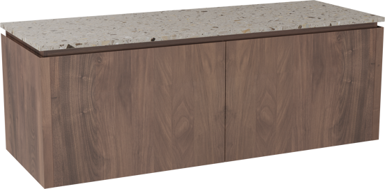 Balmani Eclips hängendes Möbelstück Set: 150 x 55 cm, Amerikanischer Nussbaum, mit Stretto Einzel- oder Doppel Waschtischplatte Greige Terrazzo