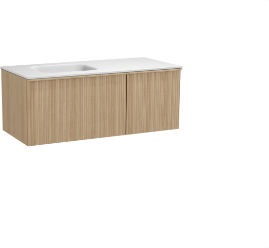 Balmani Forma hängendes Möbelstück Set: 120 x 55 cm, Naturbelassene Eiche, mit Tablo Arcato Waschtisch links, Solid Surface, Weiß matt, Vertikale asymmetrische Runde Rippe