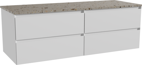 Balmani Mitra hängendes Möbelstück Set: 150 x 55 cm, Weiß matt, mit Stretto Einzel- oder Doppel Waschtischplatte, Terrazzo in Greige