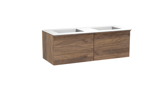 Balmani Forma meuble salle de bains suspendu 135 x 55 cm noyer américain avec Tablo Stretto double vasque en solid surface blanc mat, Nervure droite symétrique horizontale