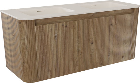 Storke Soft hängendes Möbelstück Set: 120 x 46 cm, Eiche rau, mit Mata Soft Doppelwaschtischplatte Solid Surface Beige Granit, Vertikale symmetrische gerade Rippe
