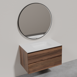 Balmani Mitra meuble salle de bains suspendu 90 x 50 cm noyer avec Tablo Arcato plan simple en solid surface blanc mat et Secret Black miroir rond