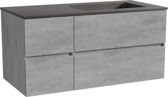 Storke Edge zwevend badmeubel 110 x 52 cm beton donkergrijs met Scuro asymmetrisch rechtse wastafel in kwarts mat zwart