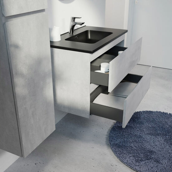 Linie Lado meuble salle de bains suspendu 80 x 46 cm béton gris foncé avec Vano plan simple en marbre composite noir mat